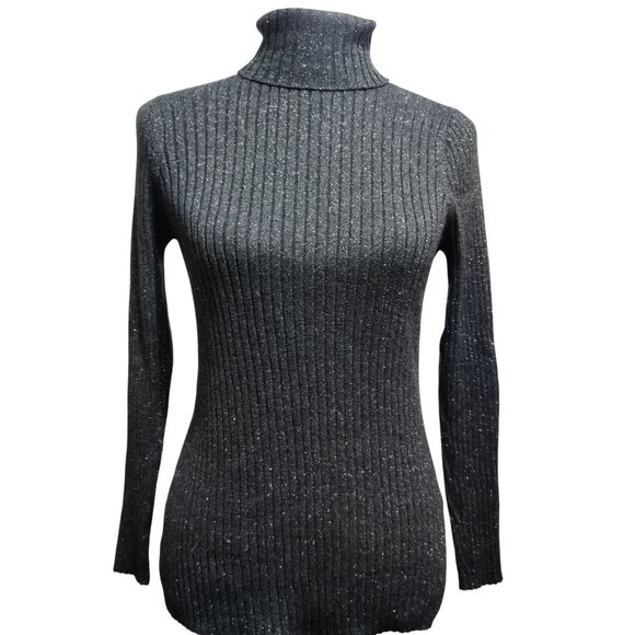 Chicos 0 Small Black Gray Silver Ribbed Metallic Turtleneck Long Sleeve Sweater - Picture 1 of 9